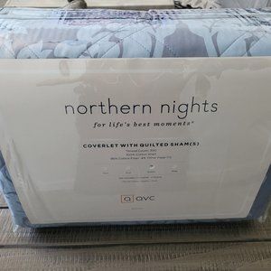 Northern Nights Cotton Printed Damask Coverlet and shams  Set Chambray Blue NEW